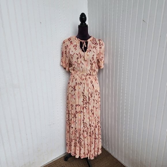 Knox Rose Women's Pale Coral Geo Print Flutter Sleeve A-Line Maxi Dress Rayon M - Picture 1 of 15